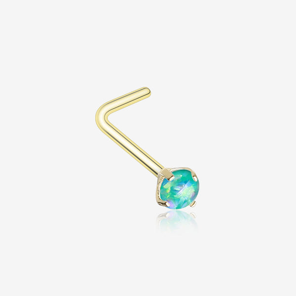 Golden Opal Sparkle Prong Set L-Shaped Nose Ring-Teal