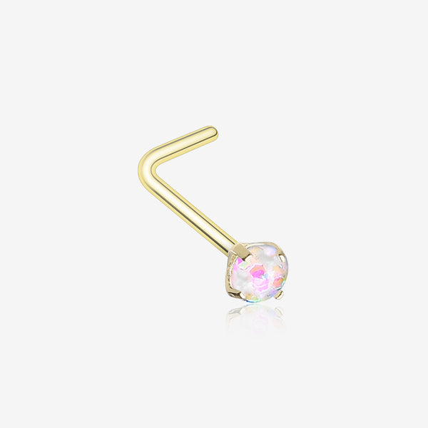 Golden Opal Sparkle Prong Set L-Shaped Nose Ring-White