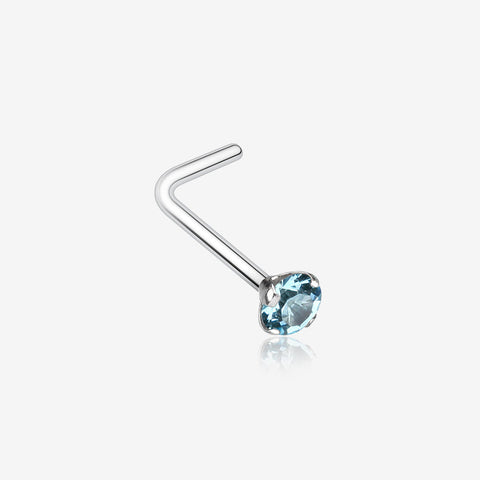 Prong Set Gem Top Steel L-Shaped Nose Ring-Aqua