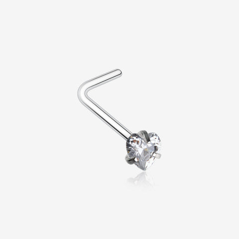 Heart Prong Set Gem Top L-Shaped Nose Ring-Clear Gem