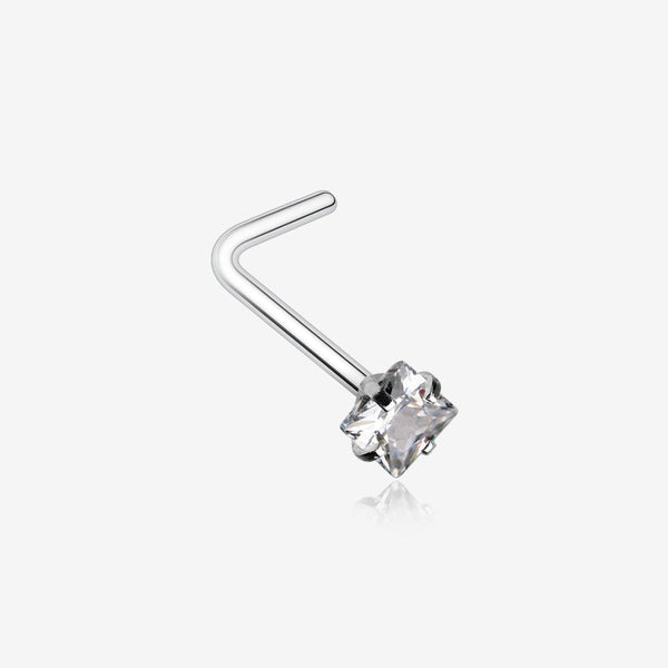 Square Prong Set Gem Top L-Shaped Nose Ring-Clear Gem