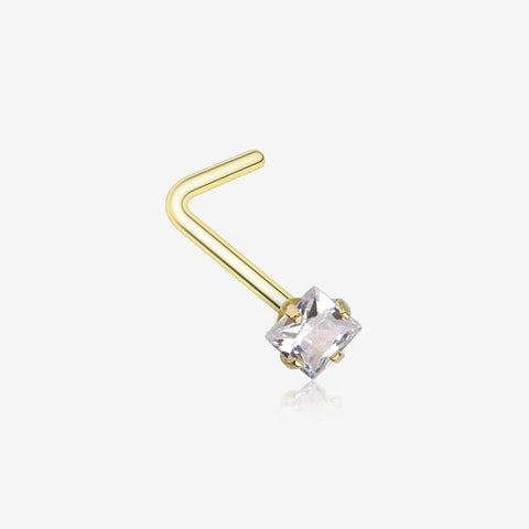 Golden Square Prong Set Gem Top L-Shaped Nose Ring-Clear Gem