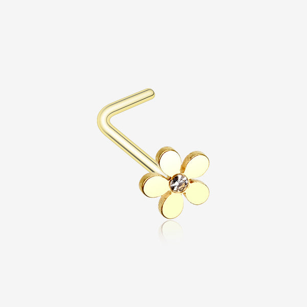 Golden Grand Plumeria L-Shaped Nose Ring-Clear Gem
