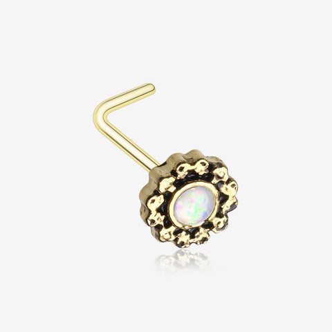 Golden Filigree Opal Sparkle L-Shaped Nose Ring-White