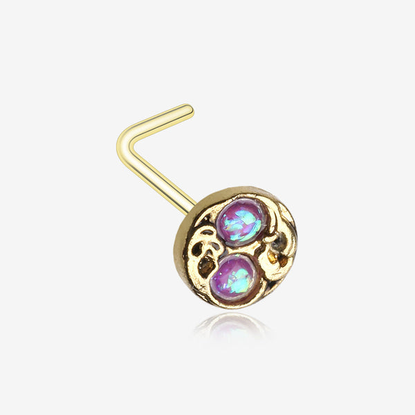 Golden Tao Filigree Opal Sparkle L-Shaped Nose Ring-Purple
