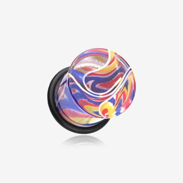 A Pair of Vibrant Marble Swirls Single Flared Ear Gauge Plug-Blue/Yellow