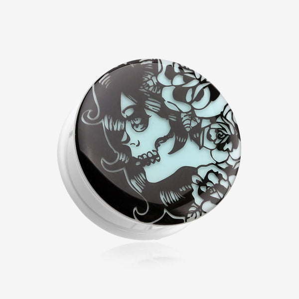 A Pair of Glow in the Dark Day of the Dead Girl Single Flared Ear Gauge Plug-Black