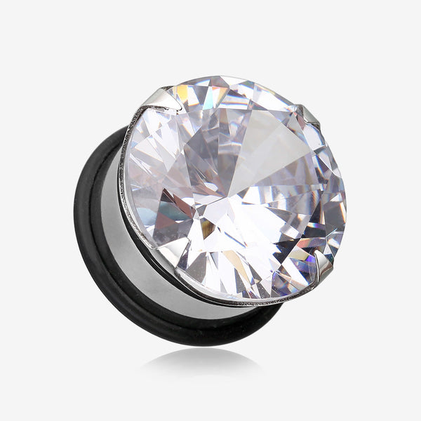 A Pair of Magnum CZ Prong Single Flared Hollow Ear Gauge Plug-Clear Gem