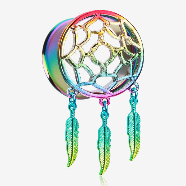 A Pair of Rainbow Dreamcatcher Feather Dangle Ear Gauge Plug-Rainbow