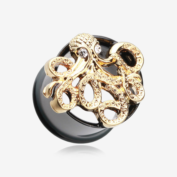 A Pair of Golden Evil Octopus Ear Gauge Tunnel Plug-Black/Clear