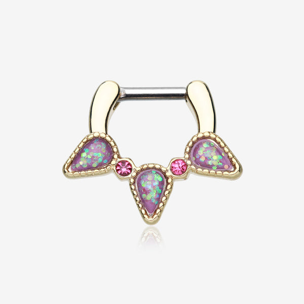 Golden Opal Sparkle Trident Septum Clicker-Purple