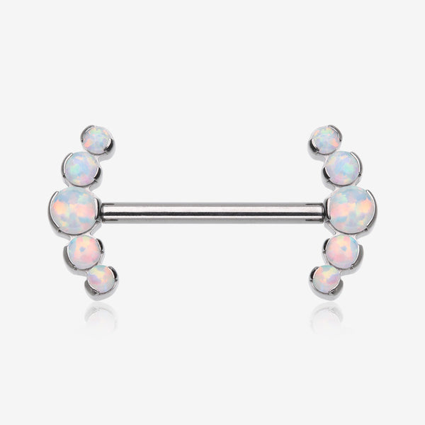 A Pair of Implant Grade Titanium OneFit Threadless Fire Opal Ray Multi-Gem Nipple Barbell-White Opal