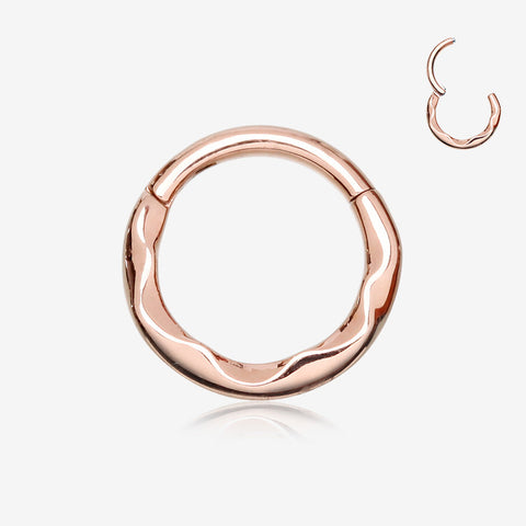 Rose Gold Classic Hammered Wave Seamless Clicker Hoop Ring