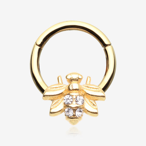 Golden Vintage Honey Bee Sparkle Seamless Clicker Hoop Ring-Clear Gem