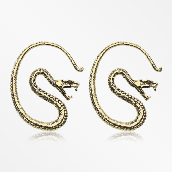 A Pair of Vicious Serpent Snake Swirl Golden Brass Hoop Ear Weight Hanger