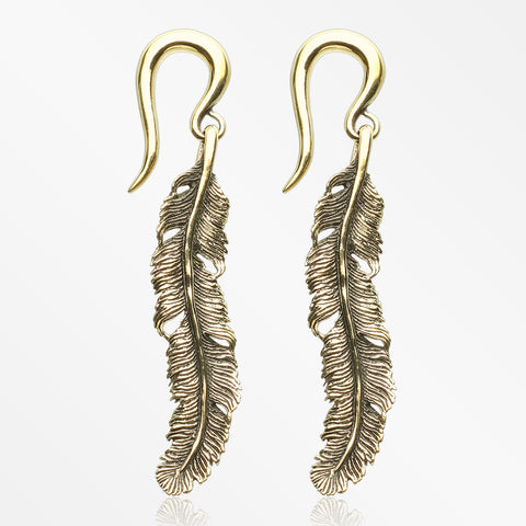 A Pair of Vintage Enchanted Bali Feather Golden Brass Ear Weight Hanger