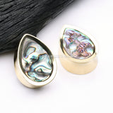 A Pair of Golden Brass Bali Abalone Inlay Teardrop Double Flared Plug