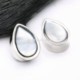 A Pair of White Brass Bali Mother of Pearl Inlay Teardrop Double Flared Plug