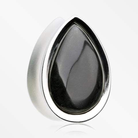 A Pair of White Brass Bali Black Onyx Stone Inlay Teardrop Double Flared Plug