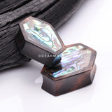 A Pair of Tiger Ebony Wood Abalone Inlay Casket Double Flared Tunnel Plug
