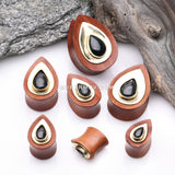A Pair of Golden Brass Onyx Sabo Wood Teardrop Double Flared Plug