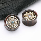 A Pair of Royal Bali Abalone Floral Brass Rosewood Double Flared Tunnel Plug