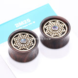 A Pair of Royal Bali Abalone Floral Brass Rosewood Double Flared Tunnel Plug