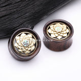 A Pair of Sacred Bali Abalone Lotus Brass Rosewood Double Flared Tunnel Plug
