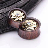 A Pair of Sacred Bali Abalone Lotus Brass Rosewood Double Flared Tunnel Plug