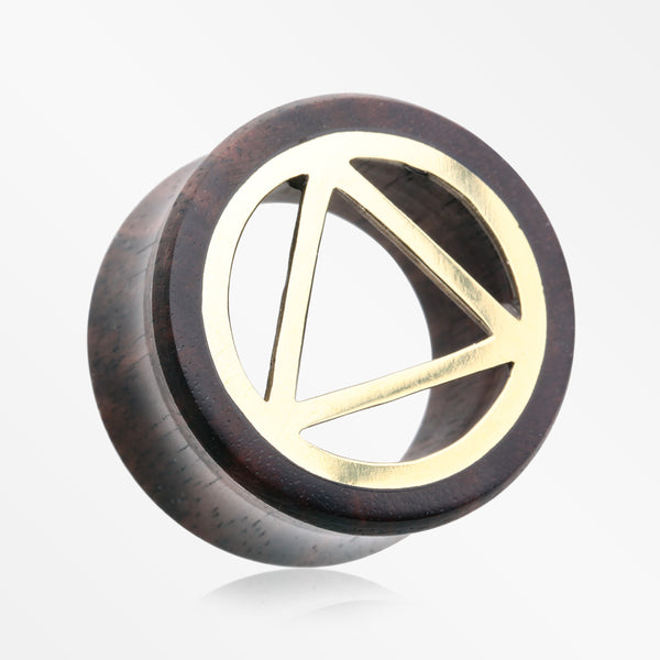 A Pair of Karma Triangle Geometric Brass Rosewood Double Flared Tunnel Plug