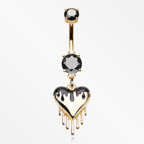 Golden Dark Love Dripping Heart Dangle Belly Button Ring-Black