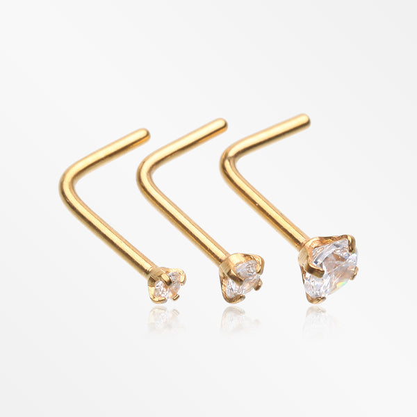 3 Pcs Pack of Assorted Golden Prong Set Sparkle Gem L-Shaped Nose Ring-Clear Gem