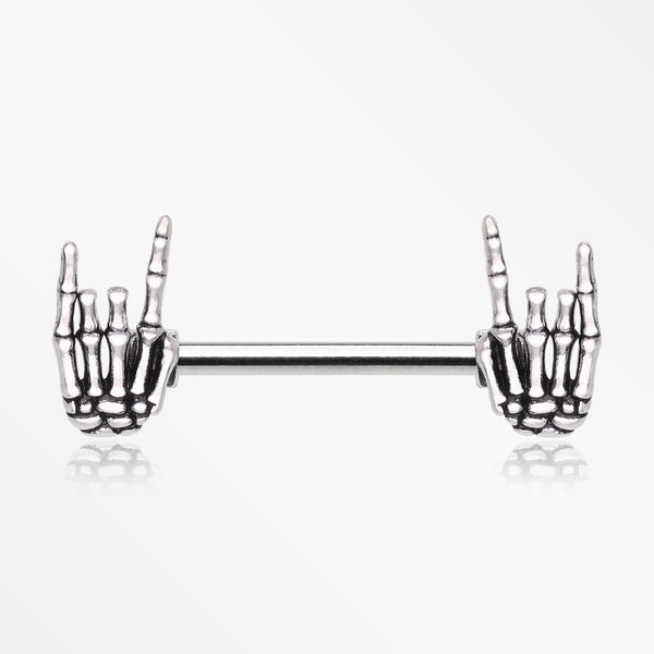 A Pair of Rock On Skeleton Hands Steel Nipple Barbell