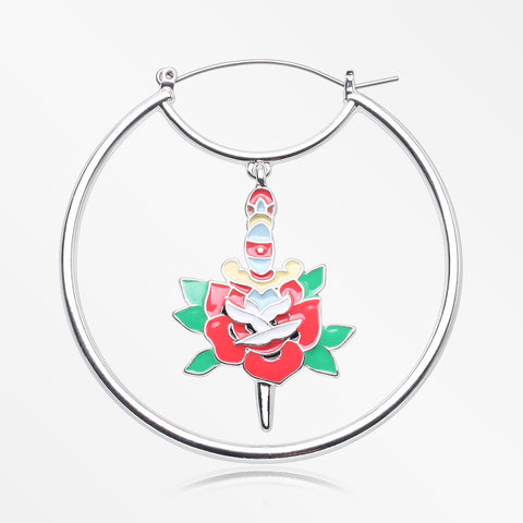 A Pair of Dagger and Rose Blossom Tattoo Art Plug Hoop Earring