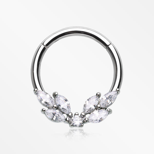 Brilliant Sparkle Marquise Floral Wreath Clicker Hoop Ring-Clear Gem