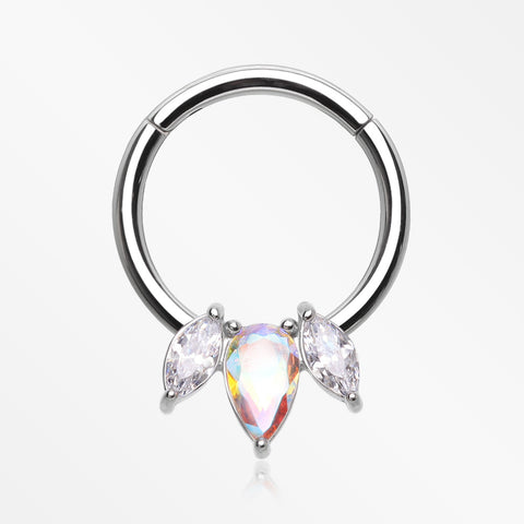 Brilliant Sparkle Teardrop Marquise Drop Clicker Hoop Ring-Aurora Borealis/Clear Gem