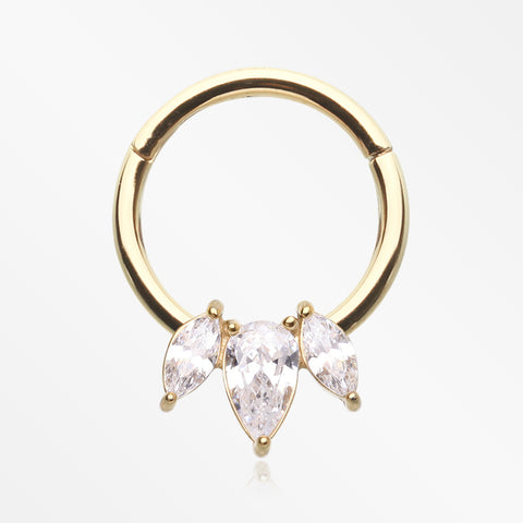 Golden Brilliant Sparkle Teardrop Marquise Drop Clicker Hoop Ring-Clear Gem