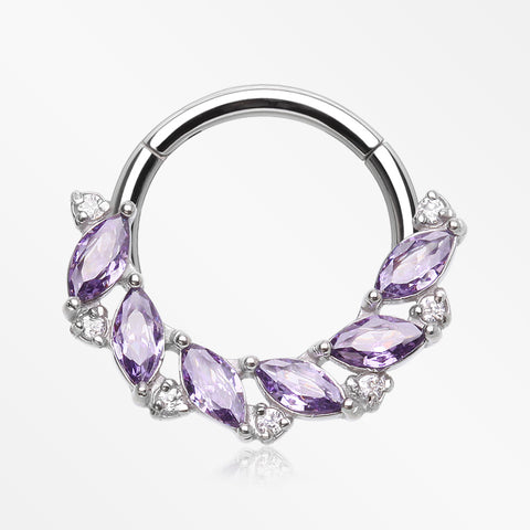 Brilliant Sparkle Marquise Floral Wreath Clicker Hoop Ring-Amethyst/Clear Gem