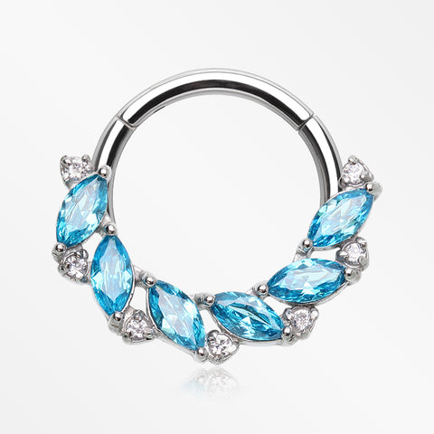 Brilliant Sparkle Marquise Weave Wreath Clicker Hoop Ring-Aqua/Clear Gem