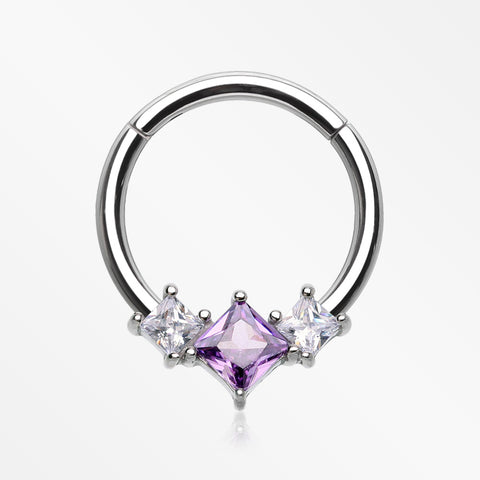 Brilliant Sparkle Princess Trio Sparkle Clicker Hoop Ring-Amethyst/Clear Gem