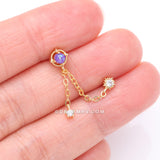 Detail View 2 of Golden Starburst Sparkle Opalescent Orbit Chained Cartilage Barbell Earring-Purple/Clear Gem