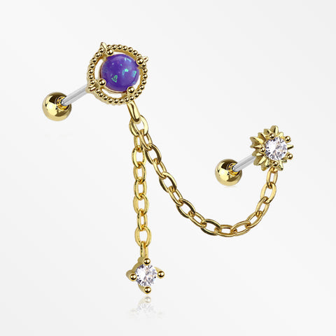 Golden Starburst Sparkle Opalescent Orbit Chained Cartilage Barbell Earring-Purple/Clear Gem