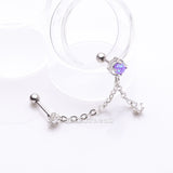 Detail View 1 of Starburst Sparkle Opalescent Orbit Chained Cartilage Barbell Earring-Purple/Clear Gem