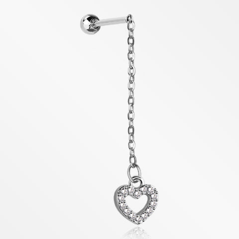 Chained Sparkle Hollow Heart Dangle Cartilage Barbell Earring-Clear Gem