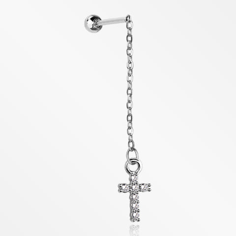 Chained Sparkle Cross Dangle Cartilage Barbell Earring-Clear Gem