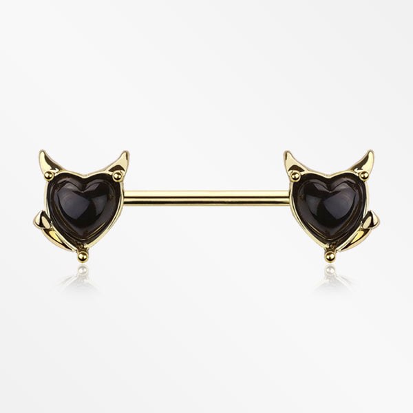 A Pair of Golden Devil Heart Sparkle Nipple Barbell-Black