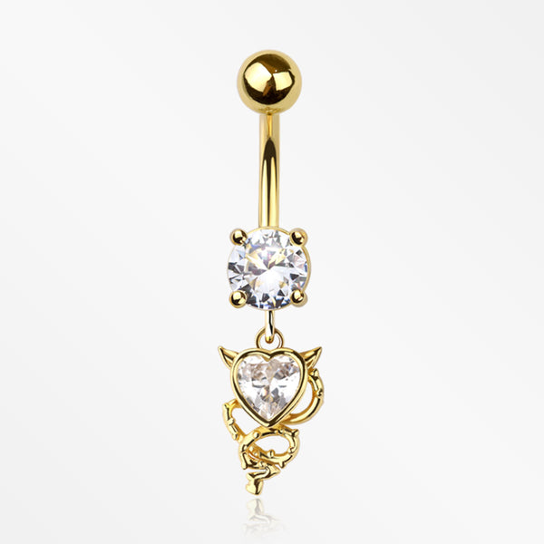 Golden Tailed Devil's Heart Sparkle Dangle Belly Button Ring-Clear Gem