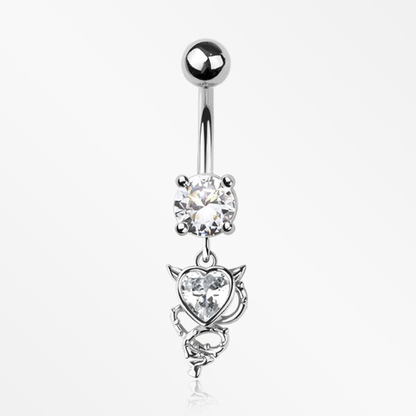 Tailed Devil's Heart Sparkle Dangle Belly Button Ring-Clear Gem