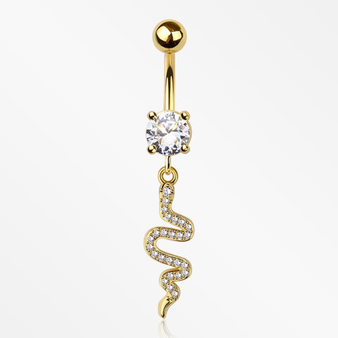 Golden Sparkle Snake Swiggly Dangle Belly Button Ring-Clear Gem