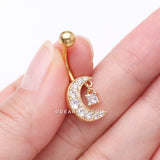 Detail View 3 of Golden Crescent Moon Dainty Sparkle Belly Button Ring-Clear Gem